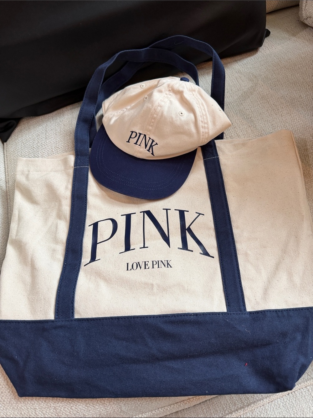 PINK Victoria's Secret Navy and Cream Canvas Tote & Cap Set